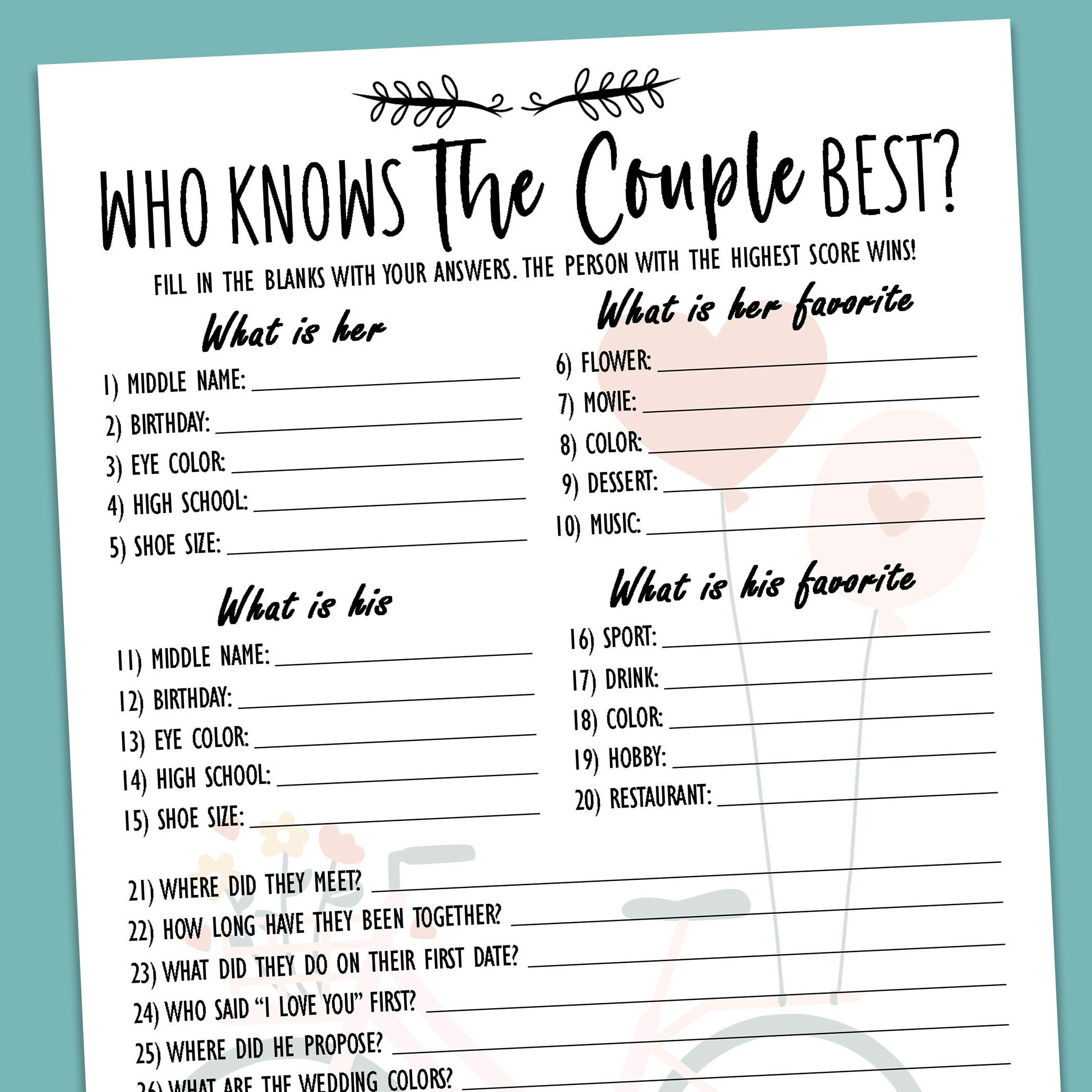 Who Knows The Couple Best Game A Sweet Couple Trivia Game | Etsy