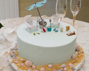 Wedding Topper Cake Weathered Adirondack Beach Chairs Beach Ball Blue Green Flip Flops Shell Bucket One-of-a-Kind Ice Bucket Waters Sodas
