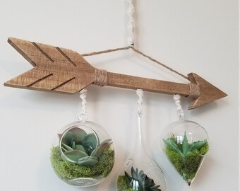Hanging wall decor faux Terrarium Arrow Glass Globes Unique Gift NO MAINTENANCE GREENERY!! Stand not included!