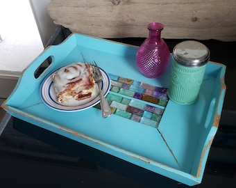 Aqua Turquoise Mosaic Tile Serving Tray Handles Distressed Shabby Chic Gift for Her Breakfast in Bed Gift