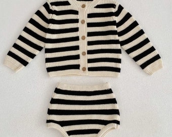 Black and white Sweaters And Bloomers Knit set with buttons outfit
