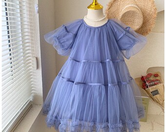 Beautiful Puffy Sleeve Blue Flower Girl or other event Party Dress