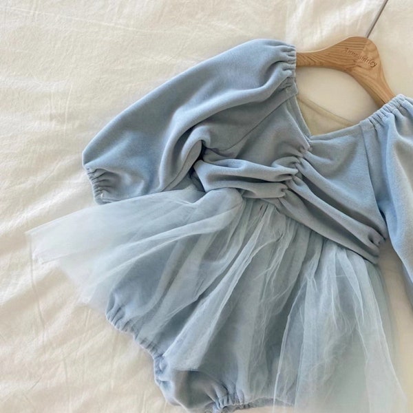 Velvet Dusty Winter Blue Baby Dress