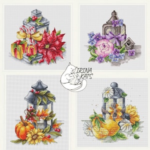 Lanterns Cross Stitch Pattern Seasonal Lanterns Cross Stitch Chart Instant Download PDF Autumn Winter Spring Summer Cross Stitch Bundle Set