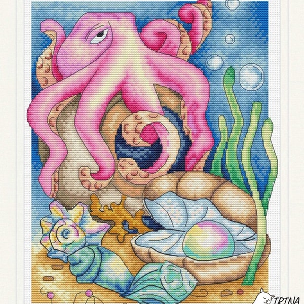 Pearl's Keeper Cross stitch Pattern PDF Instant download Octopus Cross Stitch Pearl Fantasy Seaworld Sand Sea Ocean Seashell Cross Stitch