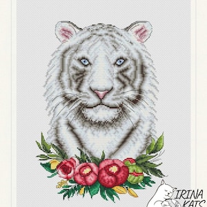 Witte tijger kruissteekpatroon Instant download pdf Witte albino tijger kruissteekkaart bloemen kruissteek pioenbladeren patroon