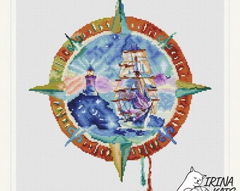 Sailboat Cross Stitch Pattern, Compass, Lighthouse (PDF Pattern)