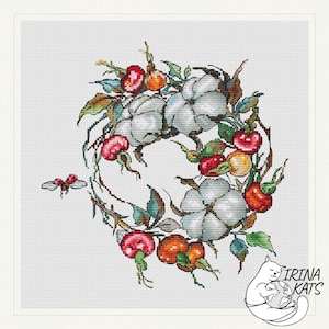 Patrón de punto de cruz de otoño Descarga instantánea en PDF Gráfico de punto de cruz de algodón Mariquita Punto de cruz Rosa mosqueta Punto de cruz Corona de punto de cruz