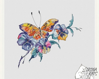 Butterfly & Pansies Cross Stitch Pattern, Colourful Summer Chart (PDF)