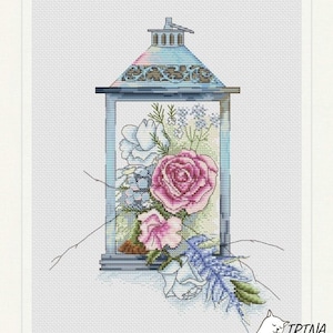 Lantern Cross Stitch Pattern PDF Instant download Watercolor Lantern Cross Stitch Chart Roses Flowers Cross Stitch Vintage Romantic Pettern