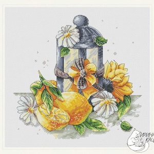 Summer Lantern Cross Stitch Pattern Seasonal Cross Stitch Chart Instant Download PDF Lemon Cross Stitch Summer Flowers Cross Stitch Chart