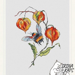 Autumn Motive Cross Stitch Pattern Bee Cross Stitch Chart Instant Download PDF Bumble Bee Cross Stitch Pattern Physalis Cross Stitch Chart