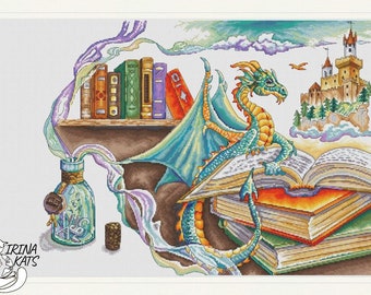 May include: A green dragon with yellow accents is reading a book. The dragon is surrounded by a swirling cloud of smoke and books. A bottle with a cork stopper and a castle in the clouds are also visible in the image.