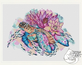 Turtle Cross Stitch Pattern | Sealife Watercolor Chart (PDF Download)