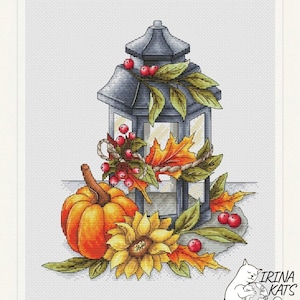 Autumn Lantern Cross stitch Pattern PDF Instant Download Lantern Pumpkin Pattern Cross Stitch Sunflower Seasonal Cute Cross Stitch Chart