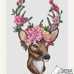 Zomer hert kruissteekpatroon Instant download pdf Herten kruissteekkaart bloemen kruissteekpatroon zomer kruissteekkaart