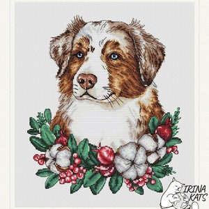 Hund Kreuzstichmuster Sofortiger Download Australian Shepherd Kreuzstichvorlage Kranz Kreuzstich-Welpen Kreuzstichmuster