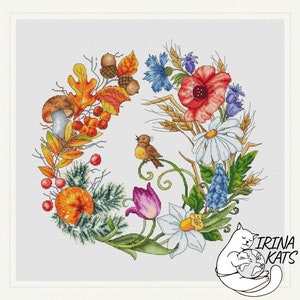Patrón de punto de cruz de corona de temporada Descarga instantánea Gráfico de punto de cruz de naturaleza Flores Amapola Tulipán Pájaro Patrón de carrusel de estaciones