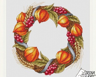 Autumn Wreath Cross Stitch Pattern, Physalis Berries (PDF Pattern)