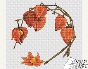 Physalis Wreath Cross Stitch Pattern, Autumn Floral (PDF Pattern)