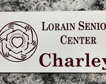 1.75" x 3" Business / Organization Magnetic or pin on  Name Badge (Ordering Instructions in DESCRIPTION) w/ color, font & emblem (Logo)