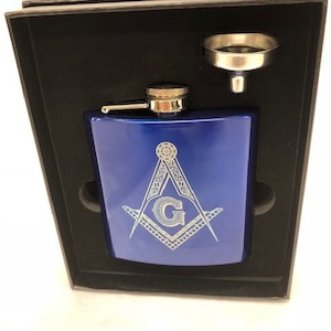 Personalized Masonic 6 oz. Stainless Steel Flask in presentation Box and Filling Funnel (PLEASE READ DESCRIPTION)