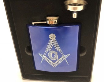 Personalized Masonic 6 oz. Stainless Steel Flask in presentation Box and Filling Funnel (PLEASE READ DESCRIPTION)