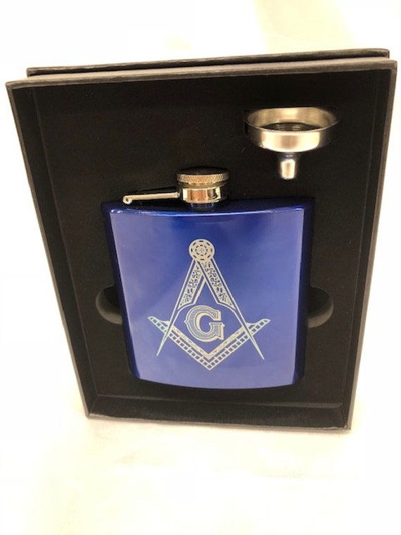 Personalized Masonic 6 oz. Stainless Steel Flask in presentation Box and Filling Funnel (PLEASE READ DESCRIPTION)