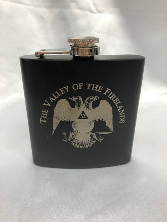 Personalized Masonic 6 oz. Anodized Matt Black Stainless Steel Flask - Personalizing available with one line above and one below emblem