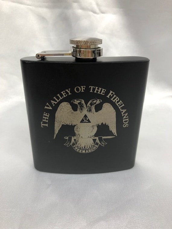 Personalized Masonic 6 oz. Anodized Matt Black Stainless Steel Flask - Personalizing available with one line above and one below emblem