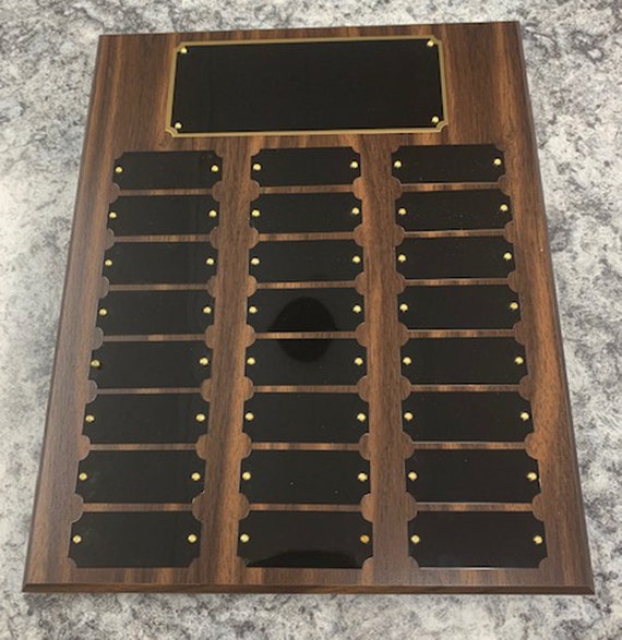 Walnut Finish 9" x 12" Perpetual plaque with choice of 12, 15, 18, or 21 plates (PLEASE READ DESCRIPTION)