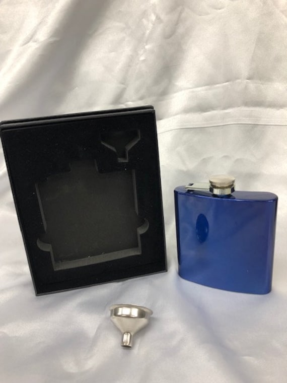 Personalized Wedding 6 oz. Stainless Steel Flask in presentation Box and Filling Funnel (One line above and one below emblem of choice)