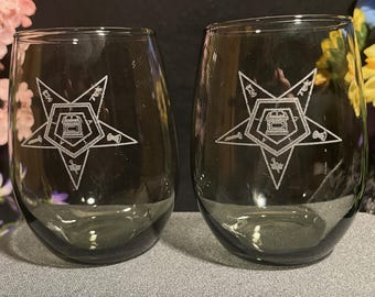 Masonic 20 oz. Smoke Stemless Wine Glasses for OES, ISIS, Amaranth ( set of 2 )