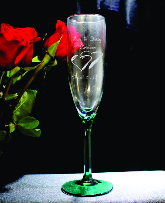 Wedding Emerald Stem Laser Engraved Flutes( set of 2 ) Ideal for that Special occasions (PLEASE READ DESCRIPTION)