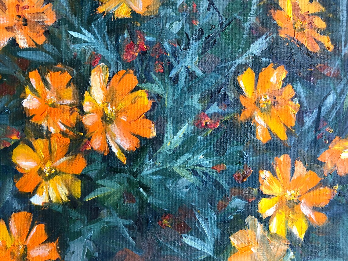 Orange Garden Flowers Original Oil Painting Etsy