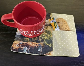 Mug Rug with Pocket -Cow Design | Mug Mat Cow Design | Coaster Cow Design | Mug Rug with Pocket/Handmade gift/ Friend Gift/Homemade Mug Rug/