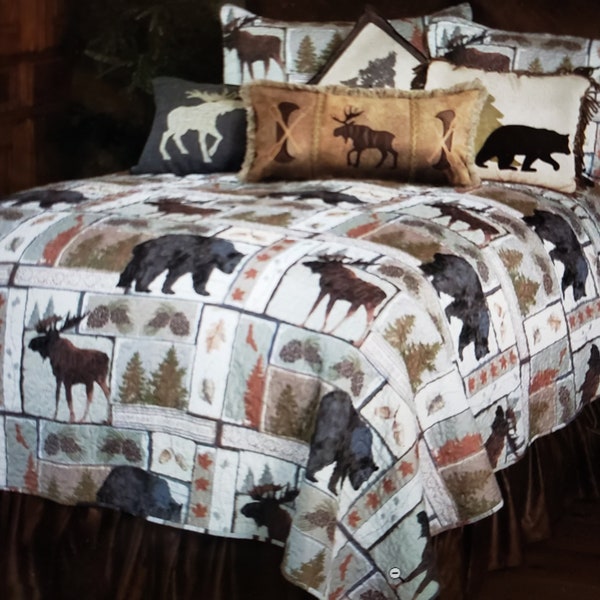 Best Gift set-Bear & Moose Quilt Bed Set-Twin Size"88x68"Log Cabin Retreat styled bed- Microfiber Reversible  Brown/Gray comforter Set