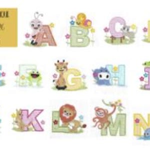 Design de bordado de alfabeto com apliques de animais