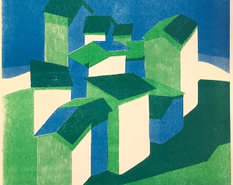 Houses on the beach II. - A3 numbered risograph print poster, green, blue