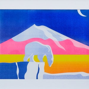 Polar bear in the moonlight, pink blue yellow, risograph print poster A3 image 1