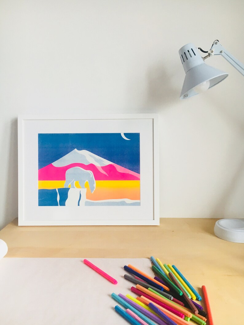 Polar bear in the moonlight, pink blue yellow, risograph print poster A3 image 6