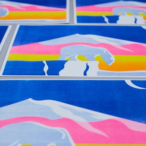 Polar bear in the moonlight, pink blue yellow, risograph print poster A3 image 2