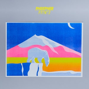 Polar bear in the moonlight, pink blue yellow, risograph print poster A3 image 4