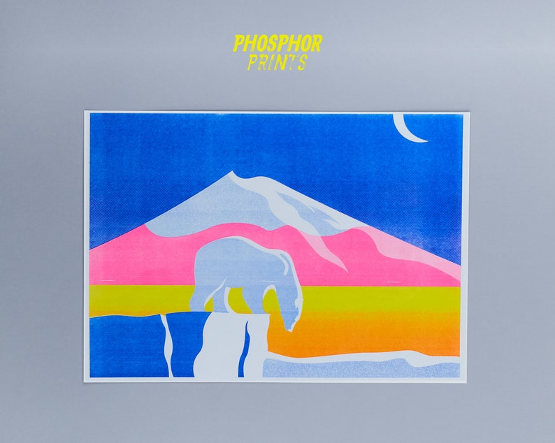 Polar bear in the moonlight, pink blue yellow, risograph print poster A3 image 4