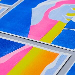 Polar bear in the moonlight, pink blue yellow, risograph print poster A3 image 5