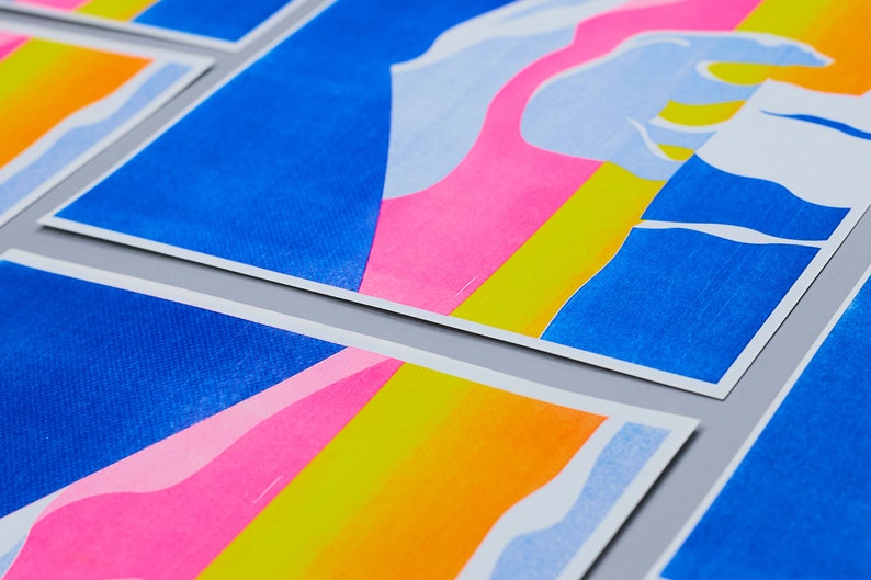 Polar bear in the moonlight, pink blue yellow, risograph print poster A3 image 5