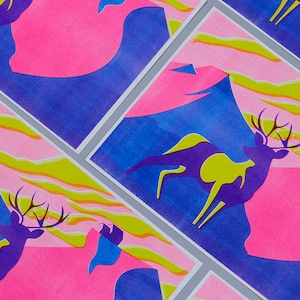 Deer in the mountains, pink blue yellow, risograph print poster A3, animal picture for her or him