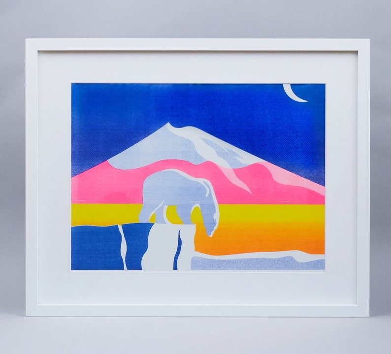 Polar bear in the moonlight, pink blue yellow, risograph print poster A3 image 1