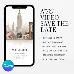 Réservez la date numérique | Vidéo aquarelle de New York, réservez vos dates | Faire-part de mariage mobile | Modifiable sur Canvas | Téléchargement instantané