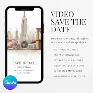 Digital Save the Date | New York City Watercolor Video Save the Date | Mobile Wedding Invitation | Editable in Canva | Instant Download